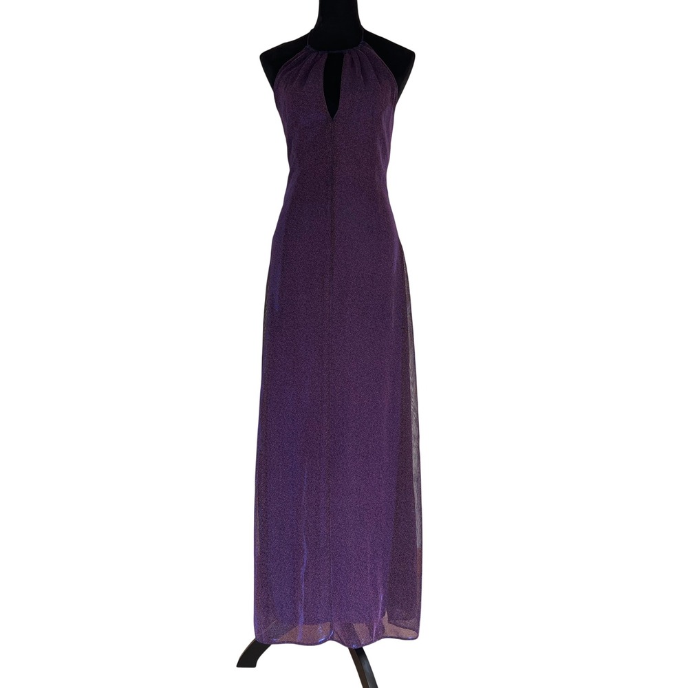 Vintage Jessica McClintock Gunne Sax Metallic Halter Keyhole Maxi Prom Dress